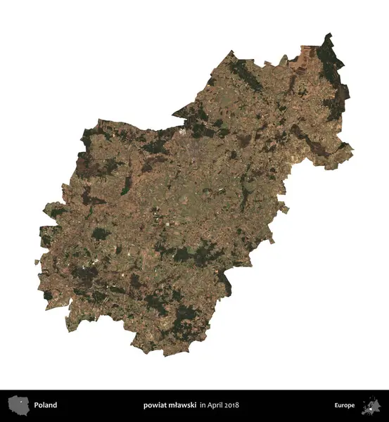 powiat mlawski. Polonya idari bölgesi, Nisan 2018 'de çekilen Kopernik Nöbetçi karolarından oluşan bir uydu görüntüsü üzerinde beyaza izole edildi.