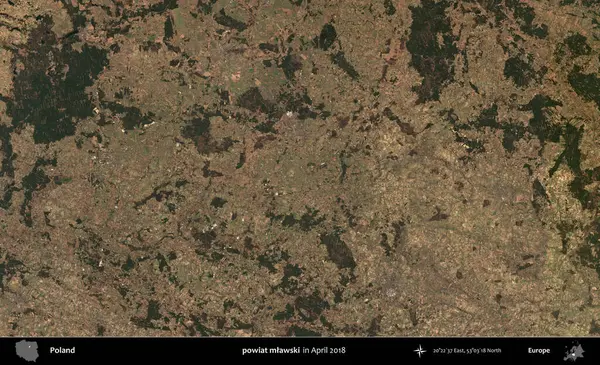powiat mlawski. Nisan 2018 'de çekilen Kopernik Sentinel karolarından oluşan bir uydu görüntüsü üzerine Polonya' nın idari bölgesi
