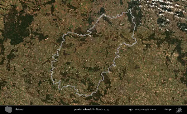 powiat mlawski. Polonya 'nın idari bölgesinin ana hatları, Mart 2025' te çekilen Kopernik Nöbetçi karolarından oluşan bir uydu görüntüsü üzerine çizildi.