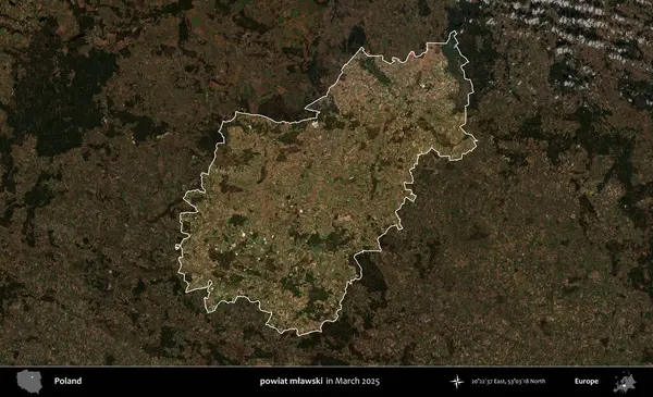 powiat mlawski. Polonya 'nın idari alanı, Mart 2025' te çekilen Kopernik Nöbetçi karolarından oluşan koyu renkli bir uydu görüntüsü üzerine vurgulandı ve özetlendi