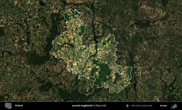 powiat mogilenski. Polonya 'nın idari alanı, Mayıs 2018' de çekilen Kopernik Nöbetçi karolarından oluşan koyu renkli bir uydu görüntüsüyle vurgulandı ve özetlendi