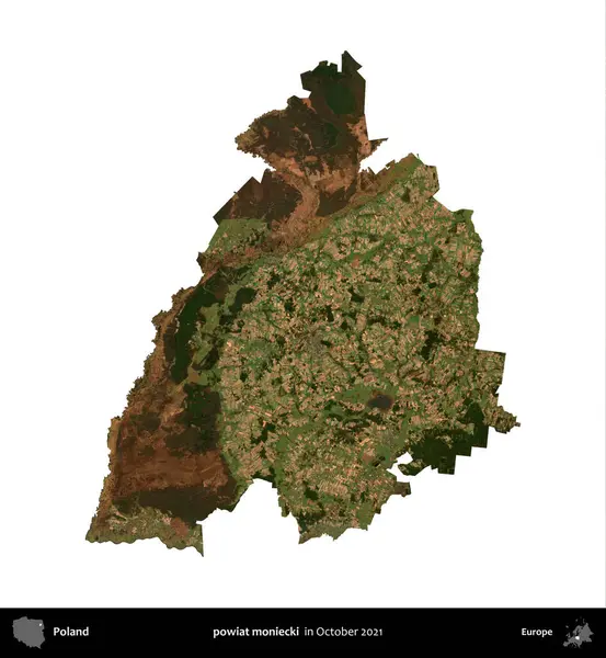 powiat moniecki. Polonya idari bölgesi, Ekim 2021 'de çekilen Kopernik Nöbetçi karolarından oluşan bir uydu görüntüsü üzerinde beyaza izole edildi.