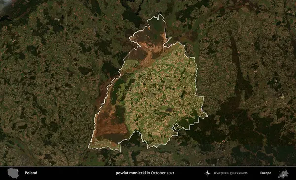 powiat moniecki. Polonya 'nın idari alanı, Ekim 2021' de çekilen Kopernik Nöbetçi karolarından oluşan koyu renkli bir uydu görüntüsü üzerine vurgulandı ve özetlendi