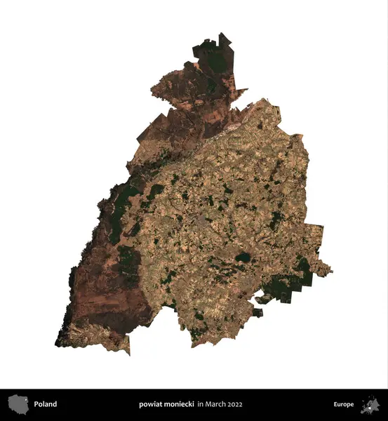 powiat moniecki. Polonya idari bölgesi, Mart 2022 'de çekilen Kopernik Nöbetçi karolarından oluşan bir uydu görüntüsü üzerinde beyaza izole edildi.