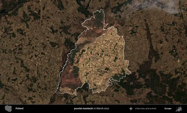 powiat moniecki. Polonya 'nın idari alanı, Mart 2022' de çekilen Kopernik Nöbetçi karolarından oluşan koyu renkli bir uydu görüntüsü üzerine vurgulandı ve özetlendi.