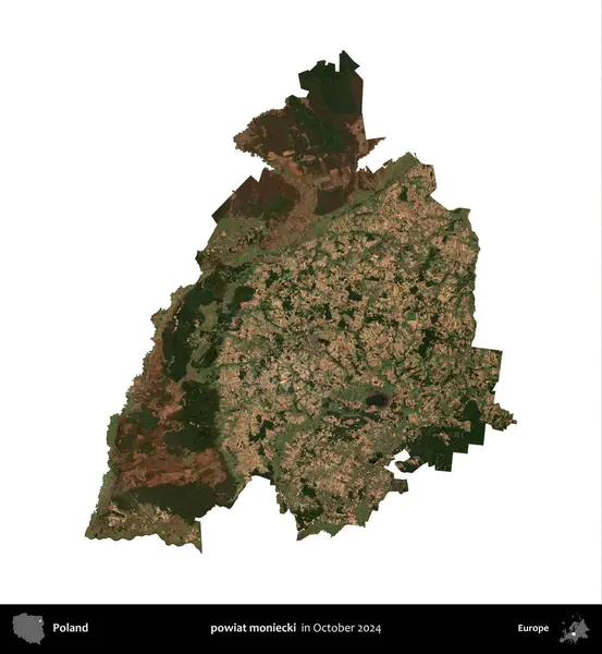 powiat moniecki. Polonya idari bölgesi, Ekim 2024 'te çekilen Kopernik Nöbetçi karolarından oluşan bir uydu görüntüsü üzerinde beyaza izole edildi.
