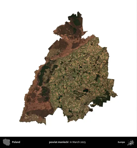 powiat moniecki. Polonya idari bölgesi, Mart 2025 'te çekilen Kopernik Nöbetçi karolarından oluşan bir uydu görüntüsü üzerinde beyaza izole edildi.