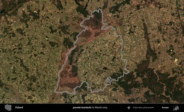 powiat moniecki. Polonya 'nın idari bölgesinin ana hatları, Mart 2025' te çekilen Kopernik Nöbetçi karolarından oluşan bir uydu görüntüsü üzerine çizildi.