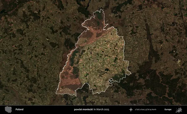 powiat moniecki. Polonya 'nın idari alanı, Mart 2025' te çekilen Kopernik Nöbetçi karolarından oluşan koyu renkli bir uydu görüntüsü üzerine vurgulandı ve özetlendi