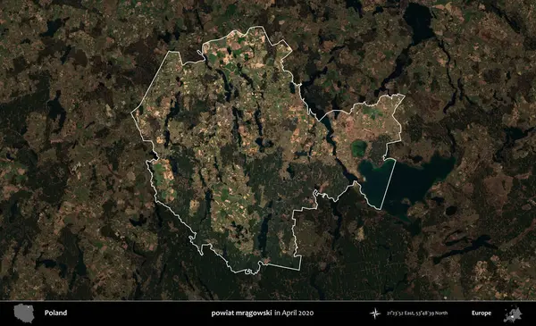 powiat mragowski. Polonya 'nın idari alanı, Nisan 2020' de çekilen Kopernik Nöbetçi karolarından oluşan koyu renkli bir uydu görüntüsü üzerine vurgulandı ve özetlendi