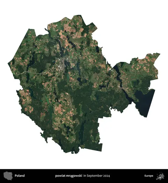 powiat mragowski. Polonya idari bölgesi, Eylül 2024 'te çekilen Kopernik Nöbetçi karolarından oluşan bir uydu görüntüsü üzerinde beyaza izole edildi.