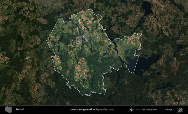 powiat mragowski. Polonya 'nın idari alanı, Eylül 2024' te çekilen Kopernik Nöbetçi karolarından oluşan koyu renkli bir uydu görüntüsü üzerine vurgulandı ve özetlendi
