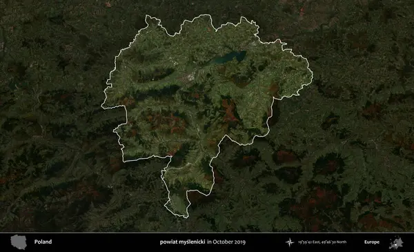 powiat myslenicki. Polonya 'nın idari alanı, Ekim 2019' da çekilen Kopernik Nöbetçi karolarından oluşan koyu renkli bir uydu görüntüsü üzerine vurgulandı ve özetlendi.