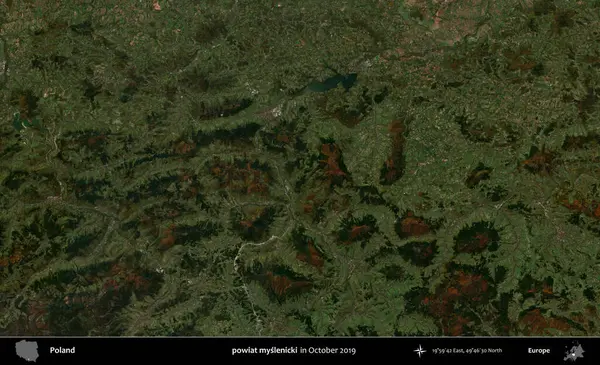 powiat myslenicki. Polonya 'nın idari bölgesi Kopernik Sentinel' in Ekim 2019 'da çekilmiş uydu görüntüsü üzerine kurulmuştur.