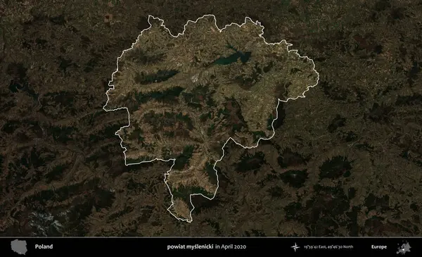 powiat myslenicki. Polonya 'nın idari alanı, Nisan 2020' de çekilen Kopernik Nöbetçi karolarından oluşan koyu renkli bir uydu görüntüsü üzerine vurgulandı ve özetlendi