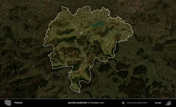 powiat myslenicki. Polonya 'nın idari alanı, Ekim 2021' de çekilen Kopernik Nöbetçi karolarından oluşan koyu renkli bir uydu görüntüsü üzerine vurgulandı ve özetlendi