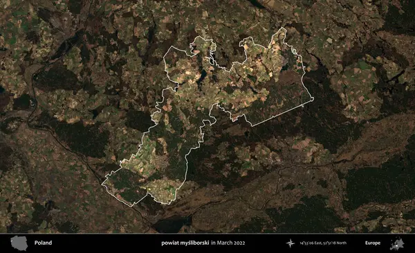 powiat mysliborski. Polonya 'nın idari alanı, Mart 2022' de çekilen Kopernik Nöbetçi karolarından oluşan koyu renkli bir uydu görüntüsü üzerine vurgulandı ve özetlendi.
