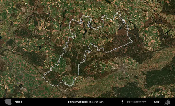 powiat mysliborski. Polonya 'nın idari bölgesinin ana hatları, Mart 2025' te çekilen Kopernik Nöbetçi karolarından oluşan bir uydu görüntüsü üzerine çizildi.