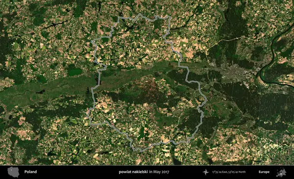 powiat nakielski. Mayıs 2017 'de çekilen Kopernik Nöbetçi karolarından oluşan bir uydu görüntüsü üzerine Polonya' nın idari bölgesinin ana hatlarını belirledik.
