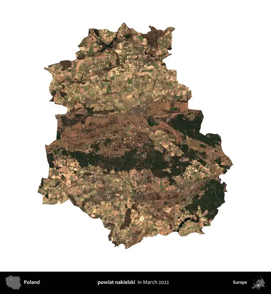 powiat nakielski. Polonya idari bölgesi, Mart 2022 'de çekilen Kopernik Nöbetçi karolarından oluşan bir uydu görüntüsü üzerinde beyaza izole edildi.