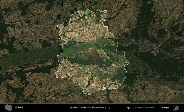 powiat nakielski. Polonya 'nın idari alanı, Eylül 2024' te çekilen Kopernik Nöbetçi karolarından oluşan koyu renkli bir uydu görüntüsü üzerine vurgulandı ve özetlendi