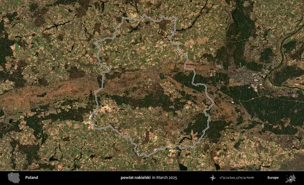 powiat nakielski. Polonya 'nın idari bölgesinin ana hatları, Mart 2025' te çekilen Kopernik Nöbetçi karolarından oluşan bir uydu görüntüsü üzerine çizildi.