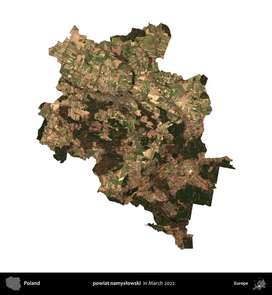 powiat namyslowski. Polonya idari bölgesi, Mart 2022 'de çekilen Kopernik Nöbetçi karolarından oluşan bir uydu görüntüsü üzerinde beyaza izole edildi.