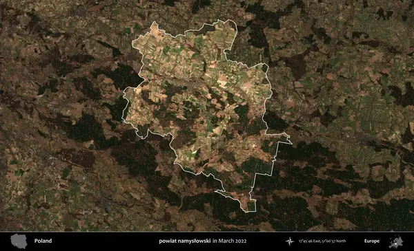 powiat namyslowski. Polonya 'nın idari alanı, Mart 2022' de çekilen Kopernik Nöbetçi karolarından oluşan koyu renkli bir uydu görüntüsü üzerine vurgulandı ve özetlendi.