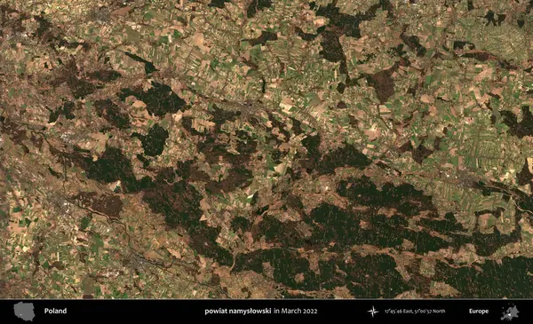 powiat namyslowski. Copernicus Sentinel 'in Mart 2022' de çekilmiş uydu görüntüsü üzerine Polonya 'nın idari bölgesi.