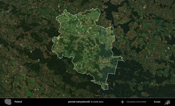 powiat namyslowski. Polonya 'nın idari alanı, Haziran 2022' de çekilen Kopernik Nöbetçi karolarından oluşan koyu renkli bir uydu görüntüsü üzerine vurgulandı ve özetlendi.