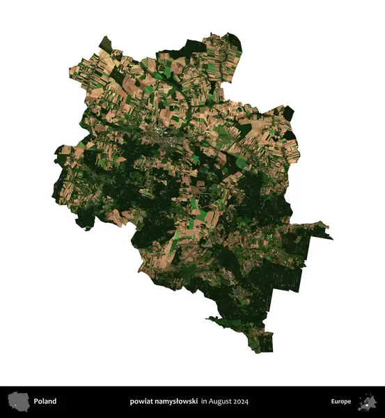 powiat namyslowski. Polonya idari bölgesi, Ağustos 2024 'te çekilen Kopernik Nöbetçi karolarından oluşan bir uydu görüntüsü üzerinde beyaza izole edildi.
