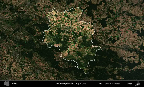 powiat namyslowski. Polonya 'nın idari alanı, Ağustos 2024' te çekilen Kopernik Nöbetçi karolarından oluşan koyu renkli bir uydu görüntüsü üzerine vurgulandı ve özetlendi.