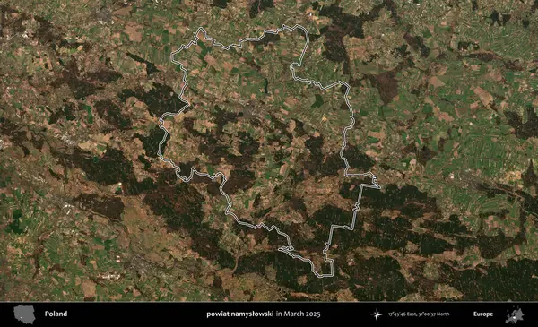 powiat namyslowski. Polonya 'nın idari bölgesinin ana hatları, Mart 2025' te çekilen Kopernik Nöbetçi karolarından oluşan bir uydu görüntüsü üzerine çizildi.
