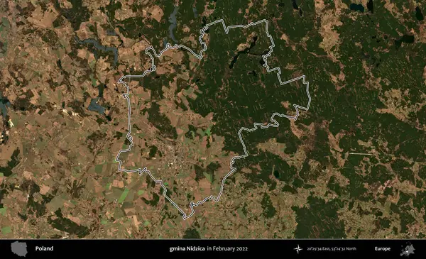 gmina Nidzica. Polonya 'nın idari bölgesinin ana hatlarını, Şubat 2022' de çekilen Kopernik Nöbetçi karolarından oluşan bir uydu görüntüsü oluşturdu.