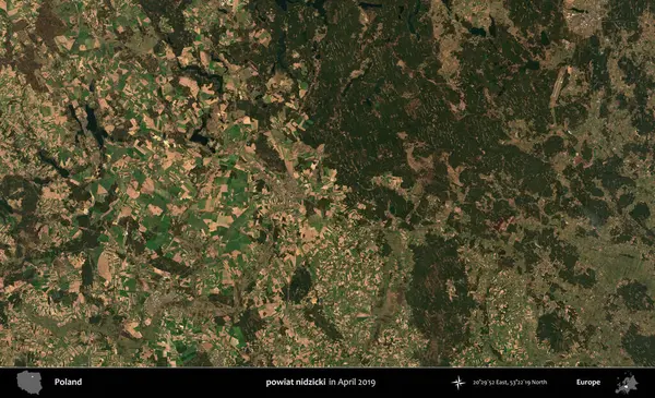 powiat nidzicki. Nisan 2019 'da çekilen Kopernik Sentinel karolarından oluşan bir uydu görüntüsü üzerine Polonya' nın idari bölgesi
