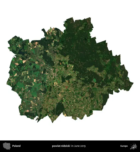 powiat nidzicki. Polonya idari bölgesi, Haziran 2019 'da çekilen Kopernik Nöbetçi karolarından oluşan bir uydu görüntüsü üzerinde beyaza izole edildi.