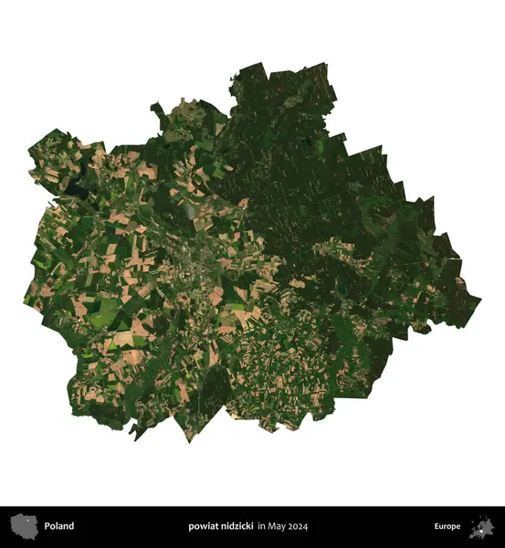 powiat nidzicki. Polonya 'nın idari bölgesi, Mayıs 2024' te çekilen Kopernik Nöbetçi Fayanslarından oluşan bir uydu görüntüsü üzerinde beyaza izole edildi.