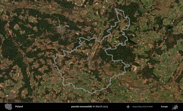 powiat nowosolski. Polonya 'nın idari bölgesinin ana hatları, Mart 2025' te çekilen Kopernik Nöbetçi karolarından oluşan bir uydu görüntüsü üzerine çizildi.