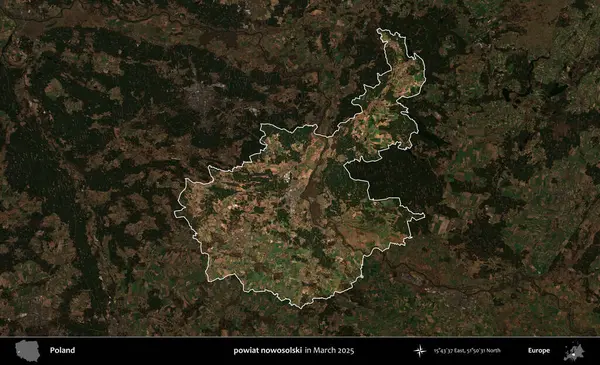 powiat nowosolski. Polonya 'nın idari alanı, Mart 2025' te çekilen Kopernik Nöbetçi karolarından oluşan koyu renkli bir uydu görüntüsü üzerine vurgulandı ve özetlendi