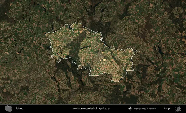 powiat nowomiejski. Polonya 'nın idari alanı, Nisan 2019' da çekilen Kopernik Nöbetçi karolarından oluşan koyu renkli bir uydu görüntüsü üzerine vurgulandı ve özetlendi.