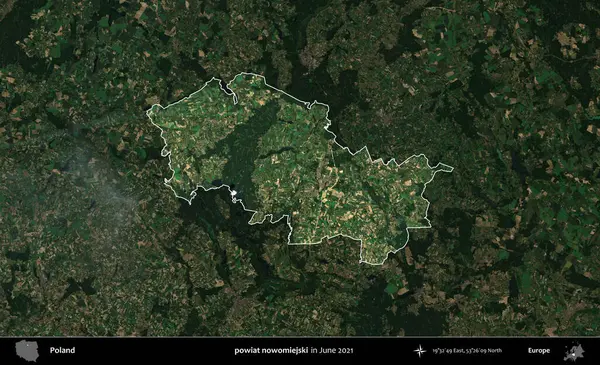 powiat nowomiejski. Polonya 'nın idari alanı, Haziran 2021' de çekilen Kopernik Nöbetçi karolarından oluşan koyu renkli bir uydu görüntüsü üzerine vurgulandı ve özetlendi