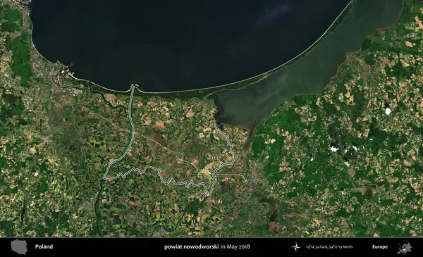 Powiat nowdworski. Mayıs 2018 'de çekilen Kopernik Nöbetçi karolarından oluşan bir uydu görüntüsü üzerine Polonya' nın idari bölgesinin ana hatlarını belirledik.
