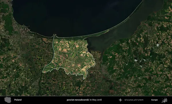 Powiat nowdworski. Polonya 'nın idari alanı, Mayıs 2018' de çekilen Kopernik Nöbetçi karolarından oluşan koyu renkli bir uydu görüntüsüyle vurgulandı ve özetlendi