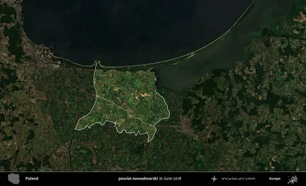 Powiat nowdworski. Polonya 'nın idari alanı, Haziran 2018' de çekilen Kopernik Nöbetçi karolarından oluşan koyu renkli bir uydu görüntüsüyle vurgulandı ve özetlendi