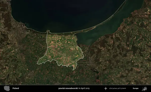 Powiat nowdworski. Polonya 'nın idari alanı, Nisan 2019' da çekilen Kopernik Nöbetçi karolarından oluşan koyu renkli bir uydu görüntüsü üzerine vurgulandı ve özetlendi.