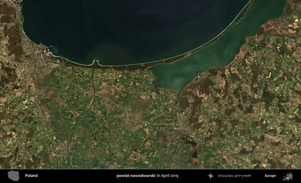 Powiat nowdworski. Nisan 2019 'da çekilen Kopernik Sentinel karolarından oluşan bir uydu görüntüsü üzerine Polonya' nın idari bölgesi