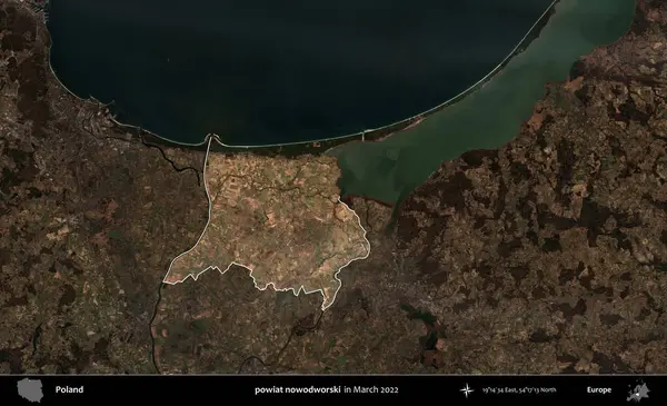 Powiat nowdworski. Polonya 'nın idari alanı, Mart 2022' de çekilen Kopernik Nöbetçi karolarından oluşan koyu renkli bir uydu görüntüsü üzerine vurgulandı ve özetlendi.