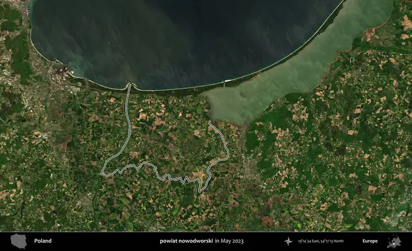 Powiat nowdworski. Polonya 'nın idari bölgesini Mayıs 2023' te çekilen Kopernik Nöbetçi karolarından oluşan bir uydu görüntüsüne göre özetledik.