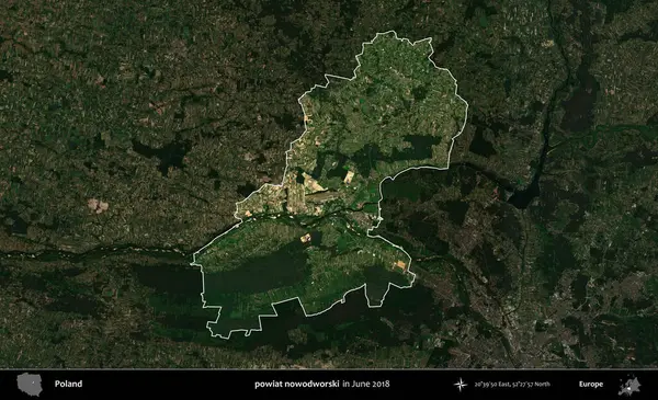 Powiat nowdworski. Polonya 'nın idari alanı, Haziran 2018' de çekilen Kopernik Nöbetçi karolarından oluşan koyu renkli bir uydu görüntüsüyle vurgulandı ve özetlendi
