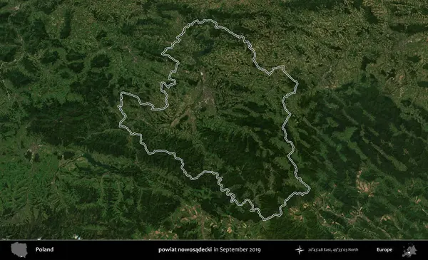 Şimdi powiat nowosadecki. Eylül 2019 'da çekilen Kopernik Nöbetçi karolarından oluşan bir uydu görüntüsü üzerine Polonya' nın idari bölgesinin ana hatlarını çizdim.